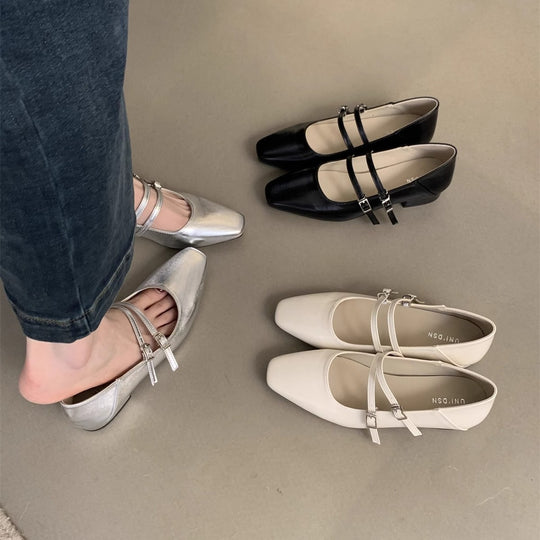 Damen elegante Mary Jane Ballerinas mit modischem Doppelriemen und komfortablem Fußbett EB