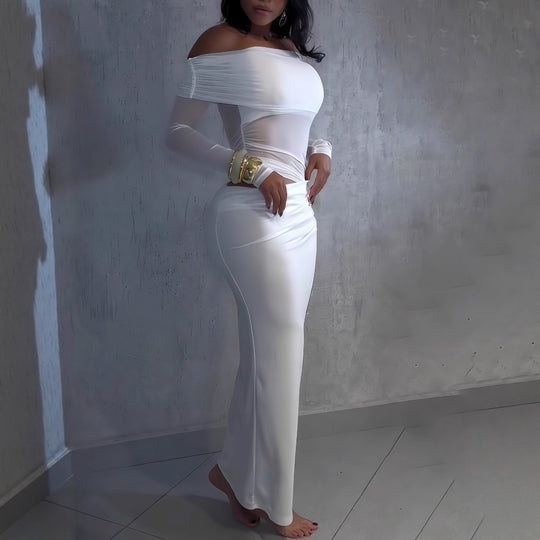Damen Maxi-Kleid mit schulterfreiem Design und eleganter Drapierung EB