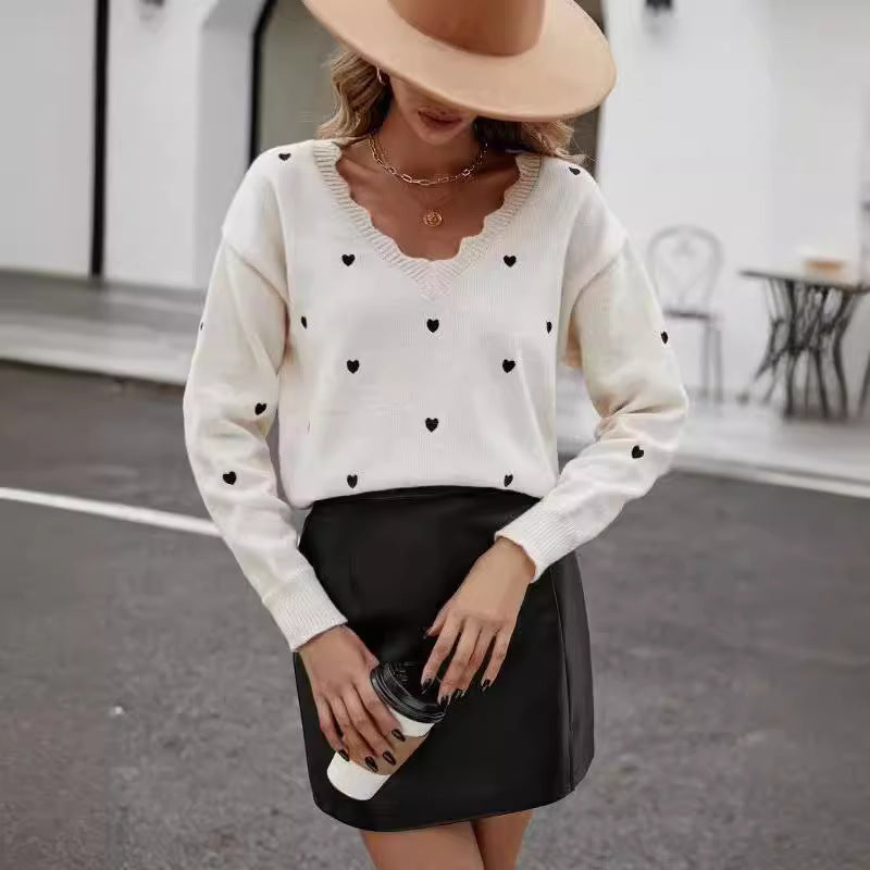 Damen Strickpullover mit herzförmigem Muster und weitem Schnitt EB