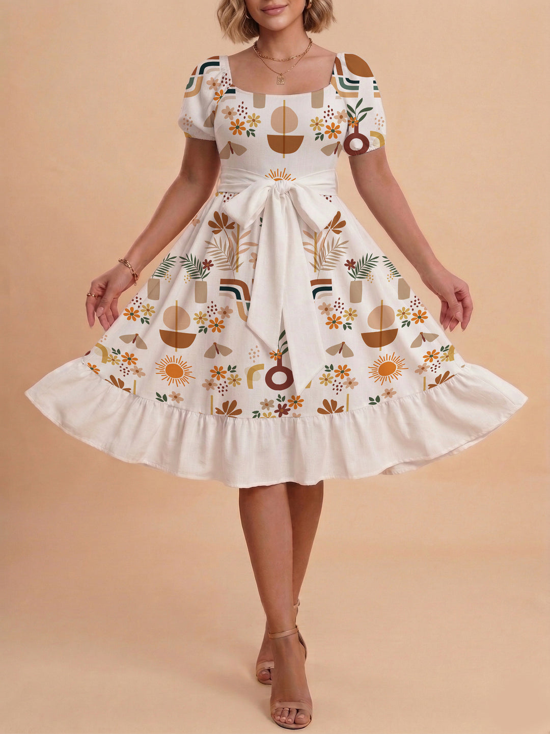 Damen Sommerkleid mit floralem Puffärmel und taillierbarem Gürtel EB