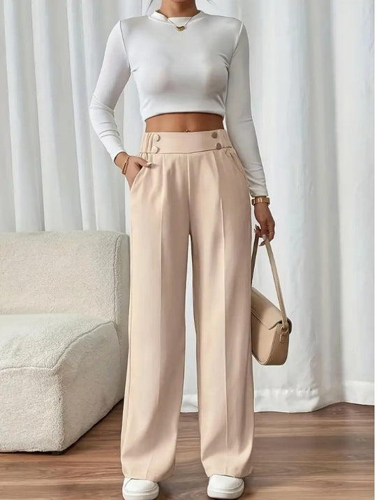 Damen Klassische weite Hose mit Knopfleiste und Taschen EB