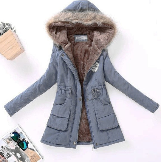 Damen taillierter Winterparka mit Teddyfutter Kunstfellkapuze und Tunnelzug EB
