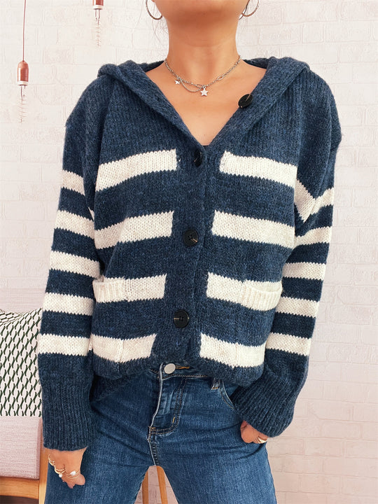 Damen oversized Strickjacke mit kontrastierenden Streifen und Kapuze EB