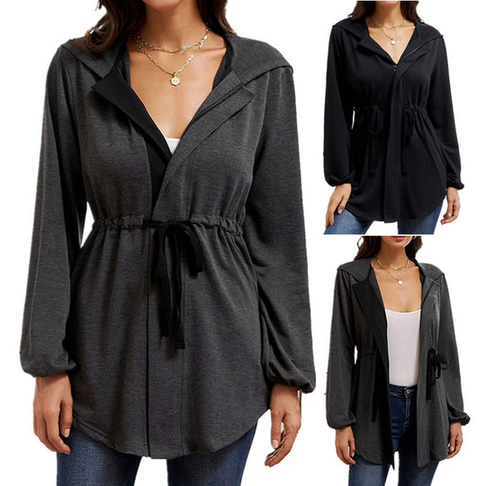 Damen lässige Oversized-Hemdjacke mit Kapuze und Taillenzug EB