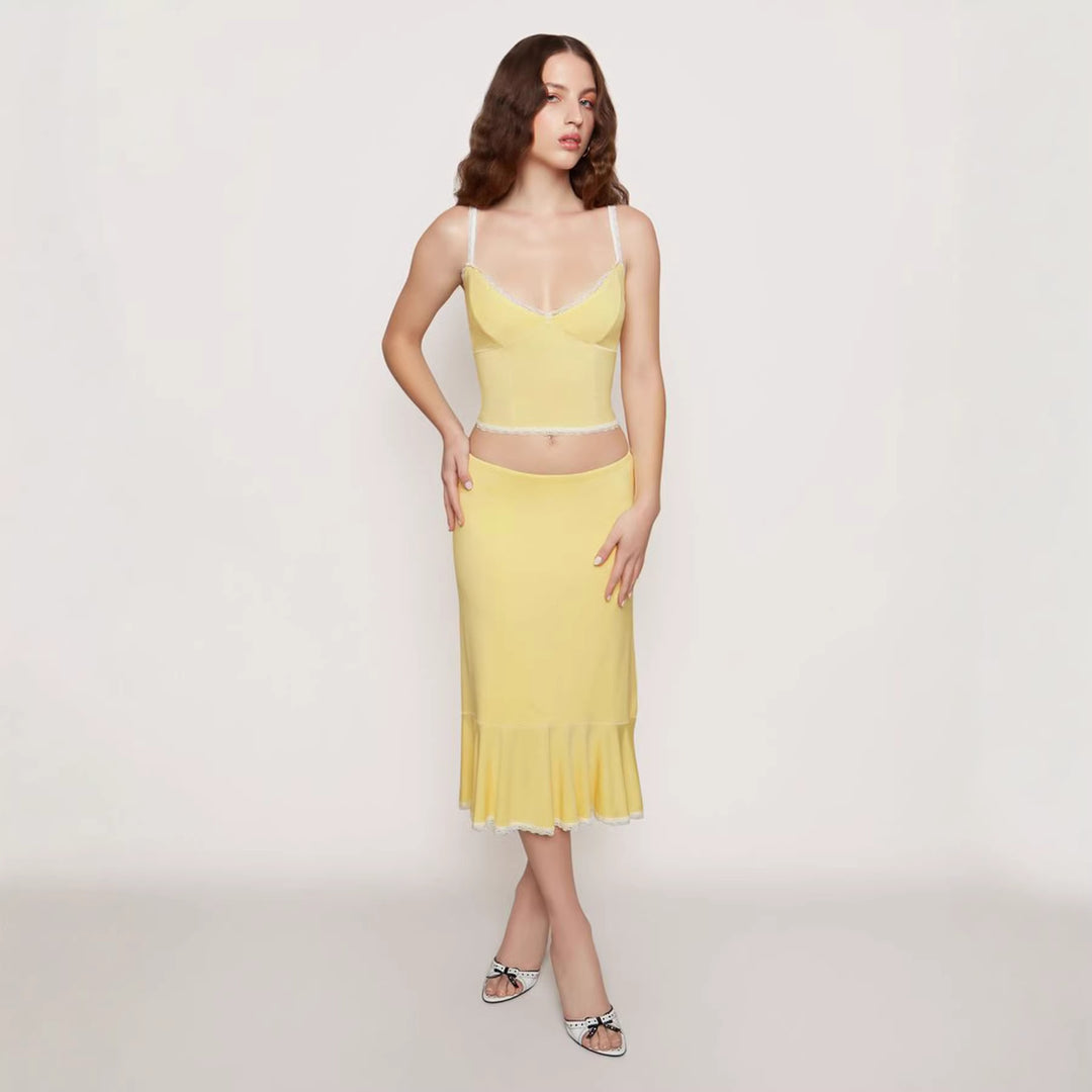 Damen Set aus Crop-Top und schwingendem Rock mit Spitzenakzenten EB