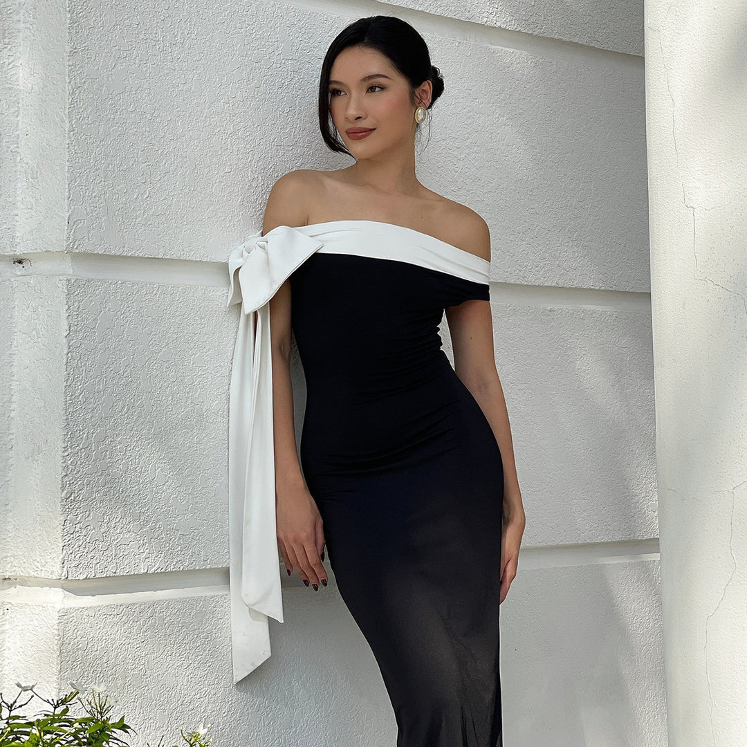 Damen Elegantes schulterfreies Maxikleid mit Schleifendetail EB