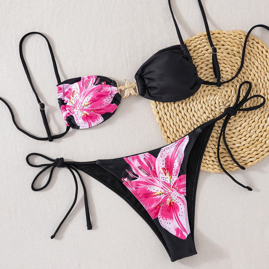 Damen Triangel-Bikini mit floralem Design und eleganten Goldakzenten EB