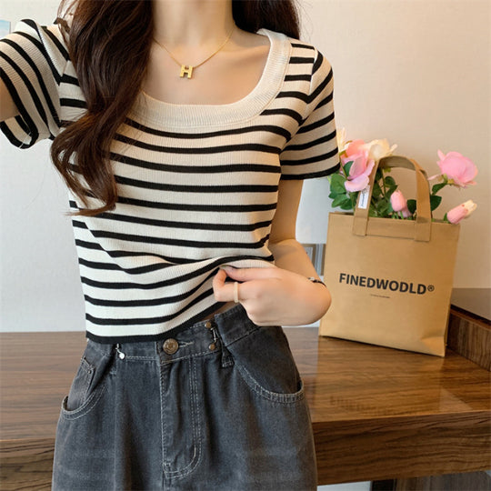 Damen cropped Streifenoberteil mit modernem Knoten-Design und elastischem Saum EB