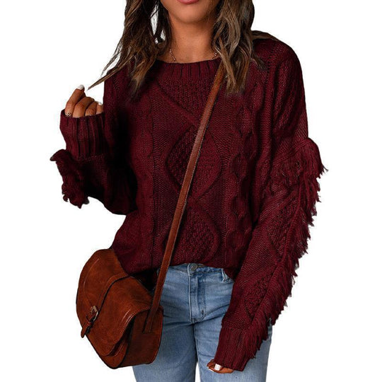 Damen Grobstrickpullover mit modischen Fransen und strukturiertem Design EB