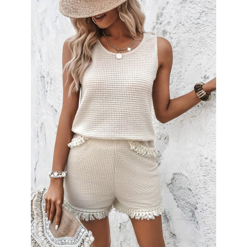 Damen Strickoberteil und Shorts Set mit fransigen Abschlüssen EB