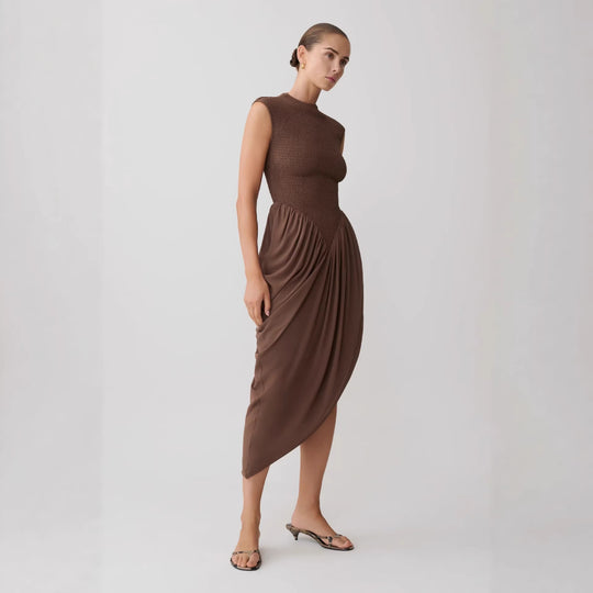 Damen Elegantes asymmetrisches Kleid mit strukturiertem Oberteil und fließendem Rock EB