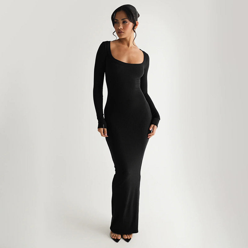 Damen Elegantes langes Kleid mit tiefem U-Ausschnitt und langen Ärmeln EB