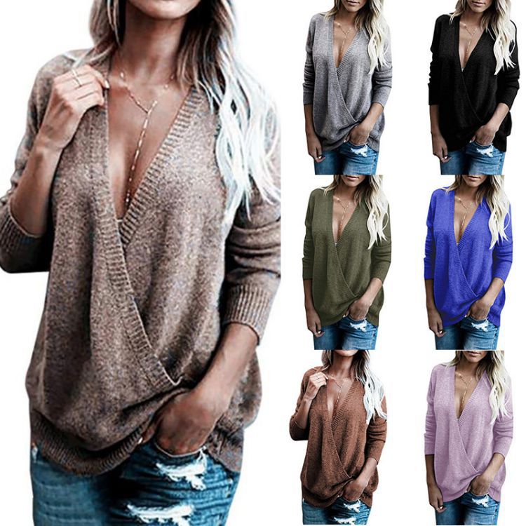 Damen Wickelpullover mit tiefem V-Ausschnitt und langen Ärmeln EB