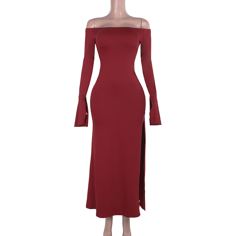 Damen figurbetontes schulterfreies Maxikleid mit elegantem Schlitz EB