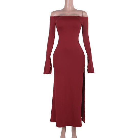 Damen figurbetontes schulterfreies Maxikleid mit elegantem Schlitz EB