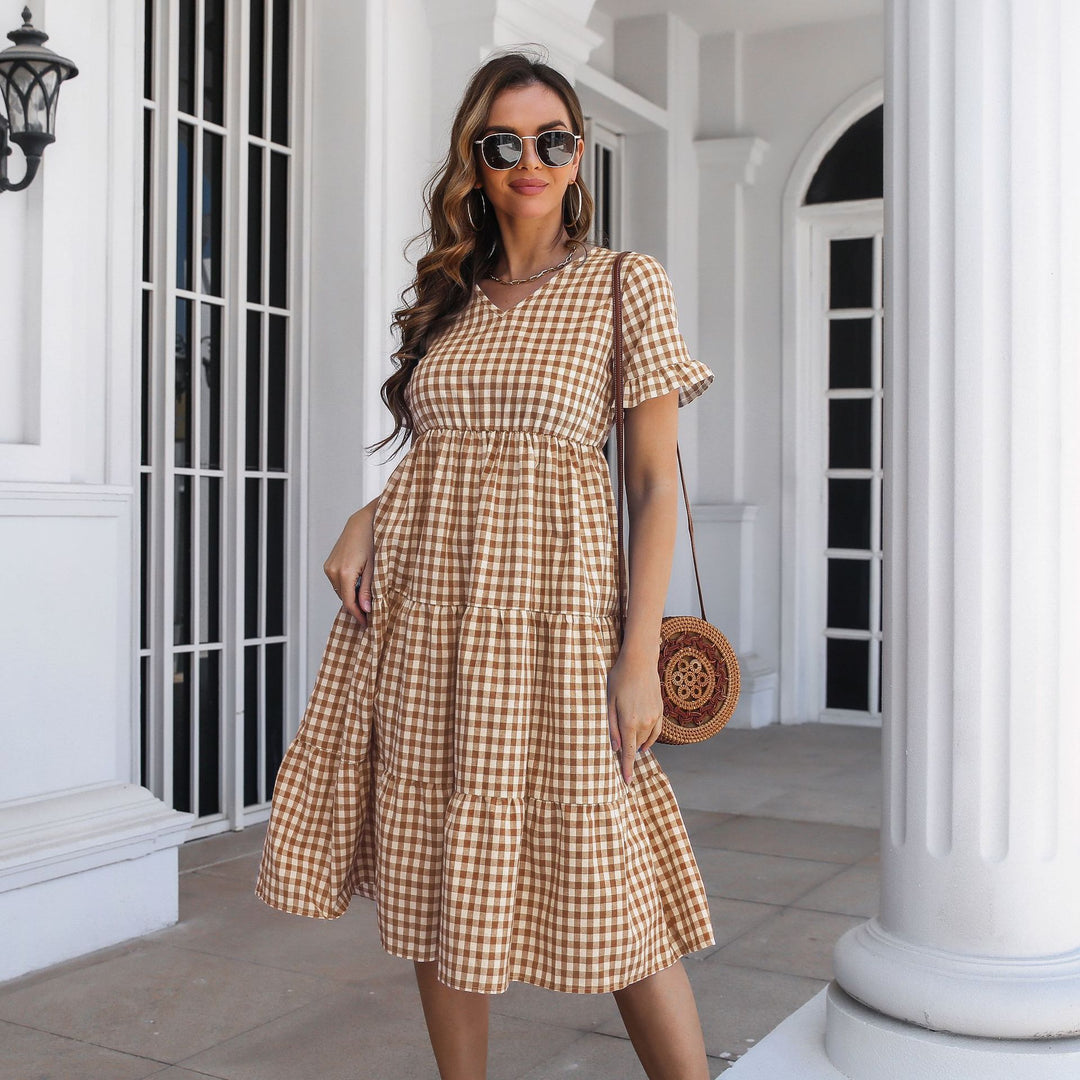 Damen Fließendes V-Ausschnitt Jumpsuit mit lässigen Volants und Karo-Muster EB