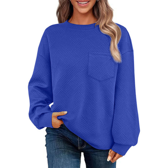 Damen lässiger Pullover mit strukturiertem Muster und praktischer Brusttasche EB