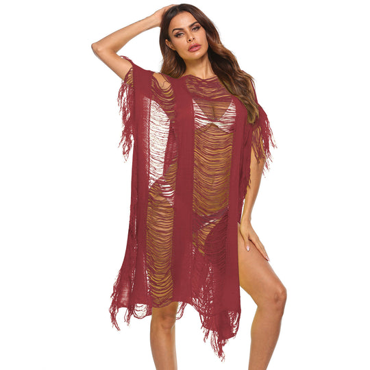 Damen eleganter fransiger Strandüberwurf mit transparenten Akzenten EB