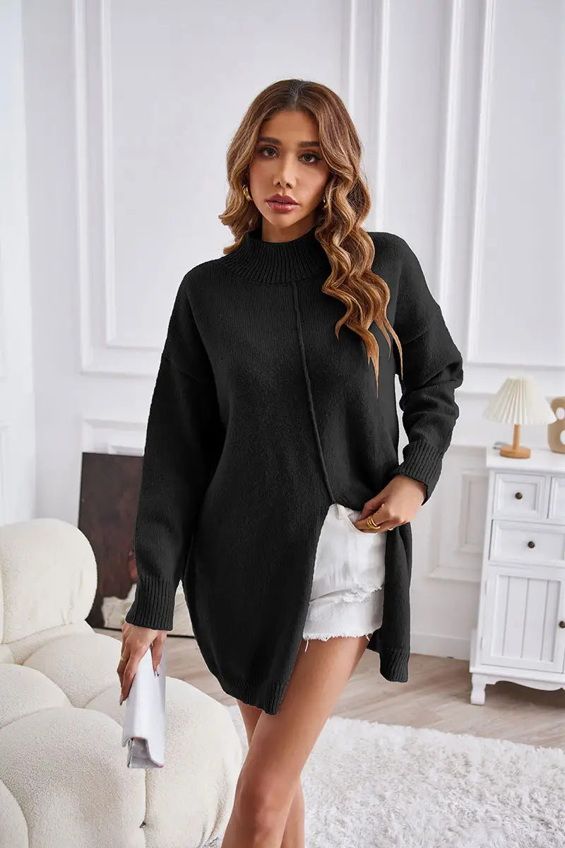 Damen Grobstrickpullover mit hohem Kragen und asymmetrischem Schnitt EB