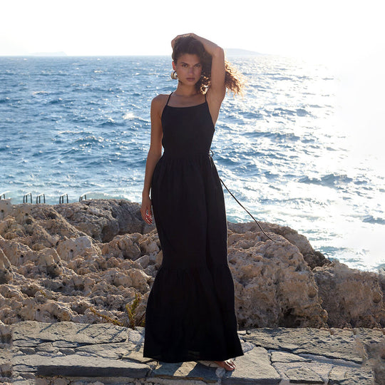 Damen Elegantes Maxikleid aus Leinen mit Querriemen EB