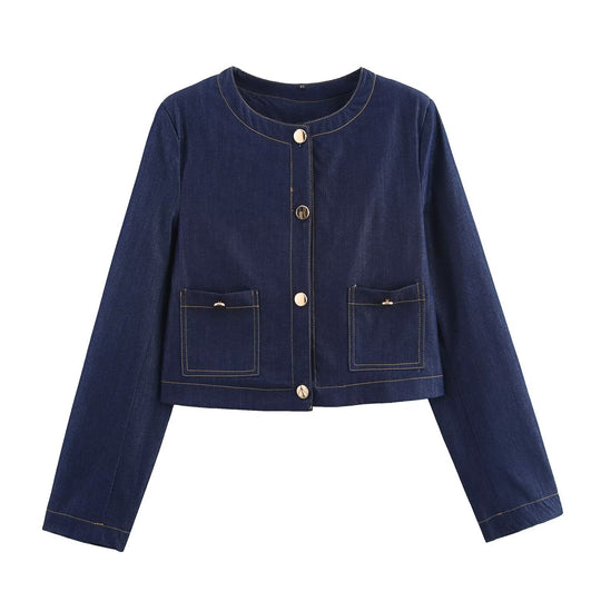 Damen cropped Jeansjacke mit aufgesetzten Taschen und eleganter Knopfdetails EB