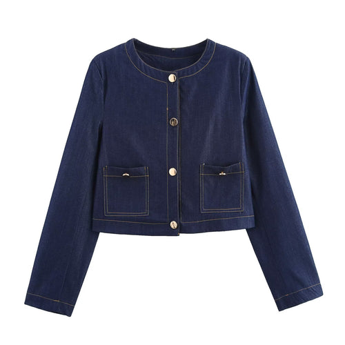 Damen cropped Jeansjacke mit aufgesetzten Taschen und eleganter Knopfdetails EB