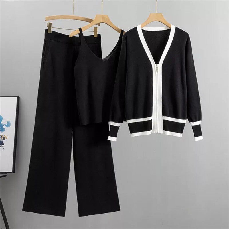 Damen lässiges Strick-Loungewear-Set mit hochwertigem Zip-Cardigan und Weitbein-Hosen EB