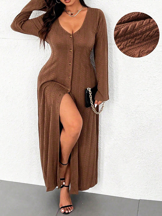 Damen Maxikleid mit innovativem Knopfdesign und tiefem Schlitz EB