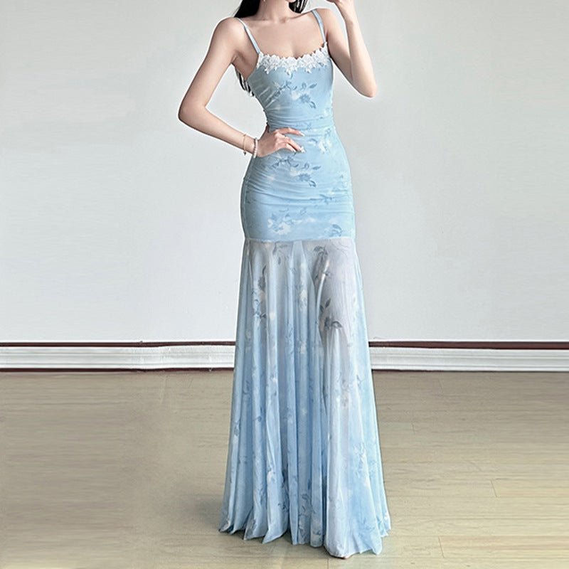 Damen Maxikleid mit floralem Druck und eleganter Spitzenborte EB