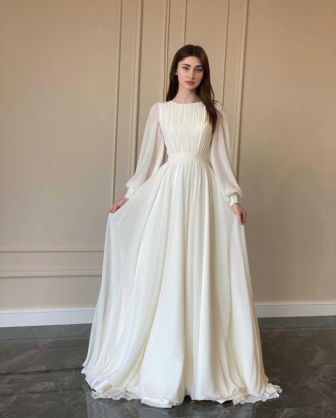 EB | Durchsichtiges Weißes Hochzeitskleid Rundhalsausschnitt Lange Ärmel Kleid