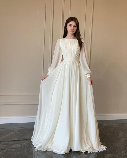 EB | Durchsichtiges Weißes Hochzeitskleid Rundhalsausschnitt Lange Ärmel Kleid