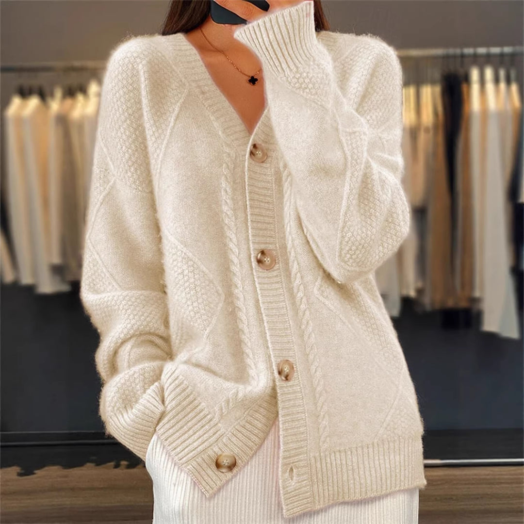 Damen nan Oversize Strickcardigan mit Zopfmuster V-Ausschnitt und Perlmuttknöpfen EB
