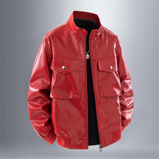 Herren Kunstleder Bomberjacke mit strukturiertem Design und praktischen Taschen EB