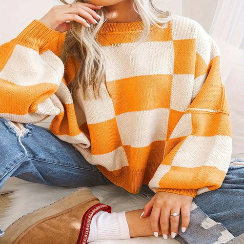 Damen lässiger kariert Pullover mit weiten Ärmeln und Rundhalsausschnitt EB
