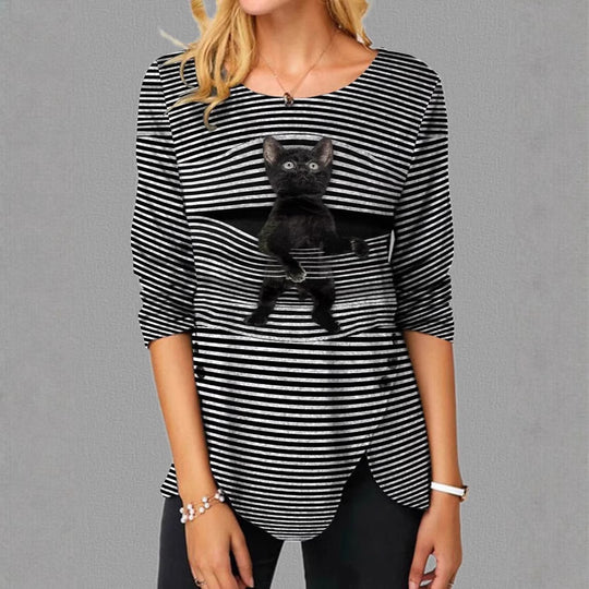 Damen lässige T-Shirt mit Katzenmotiv EB