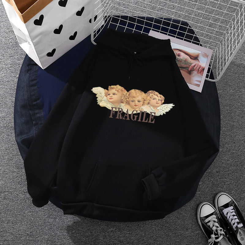Damen nan leichter Oversize Kapuzenpullover mit Herz‑EKG‑Motiv, langen Kordeln und elastischem Bund EB