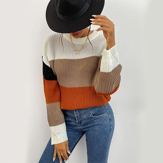 Damen gemütlicher Pullover mit modernem Blockstreifenmuster EB