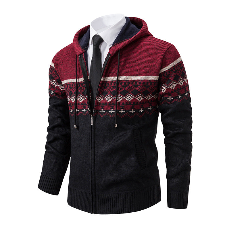 Herren stilvolle Strickjacke mit Kapuze und Norweger-Muster EB
