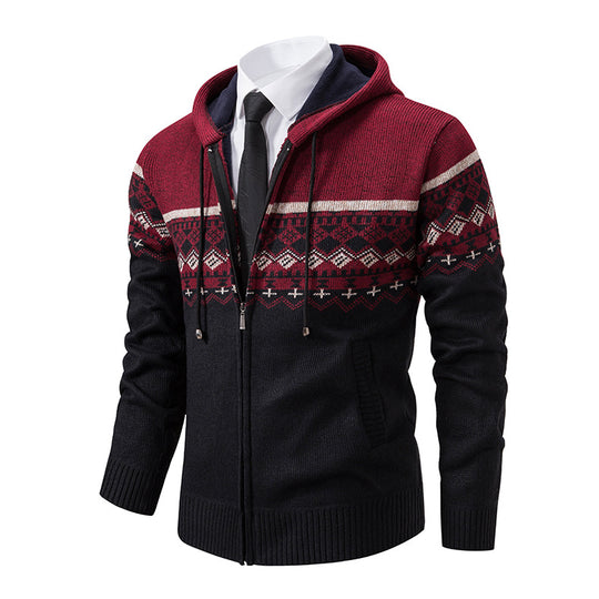 Herren stilvolle Strickjacke mit Kapuze und Norweger-Muster EB