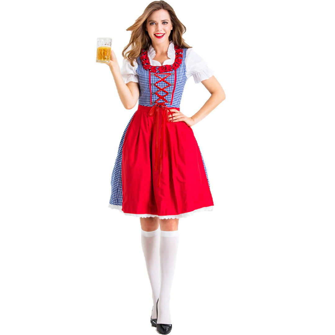 Damen nan Karo-Dirndl mit geschnürter Miederfront, Rüschenkragen und taillierter Schürze EB