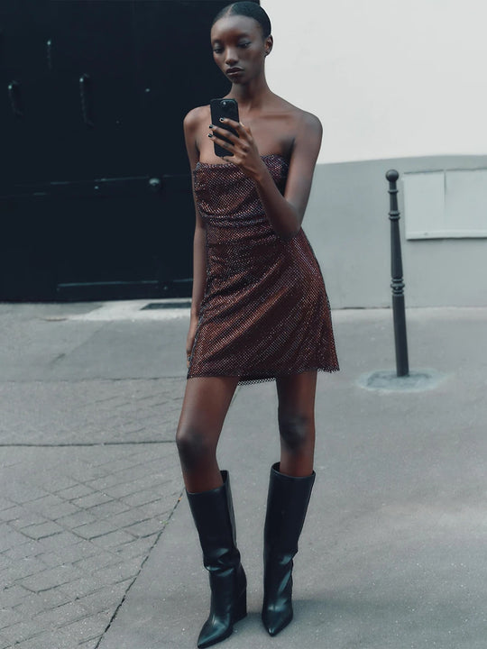 Damen Glitzerndes Cocktailkleid mit schulterfreiem Design und funkelnden Pailletten EB