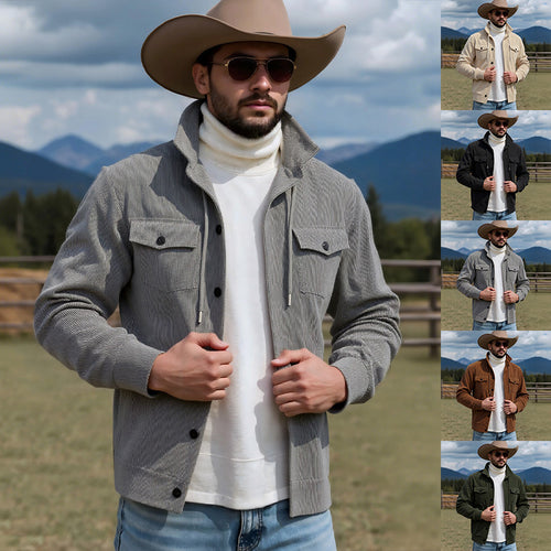 Herren nan gerippte Cord-Überhemdjacke mit Kapuze, Brustklappen und durchgehender Knopfleiste EB
