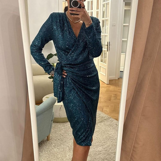 Damen Glamouröses Pailletten-Kleid mit Wickeloptik und langen Ärmeln EB
