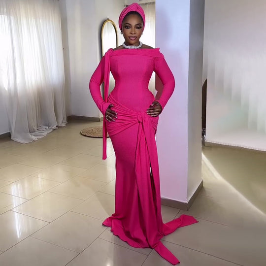 Damen Elegantes Langarmkleid mit asymmetrischem Drapé und Schleifenakzent EB