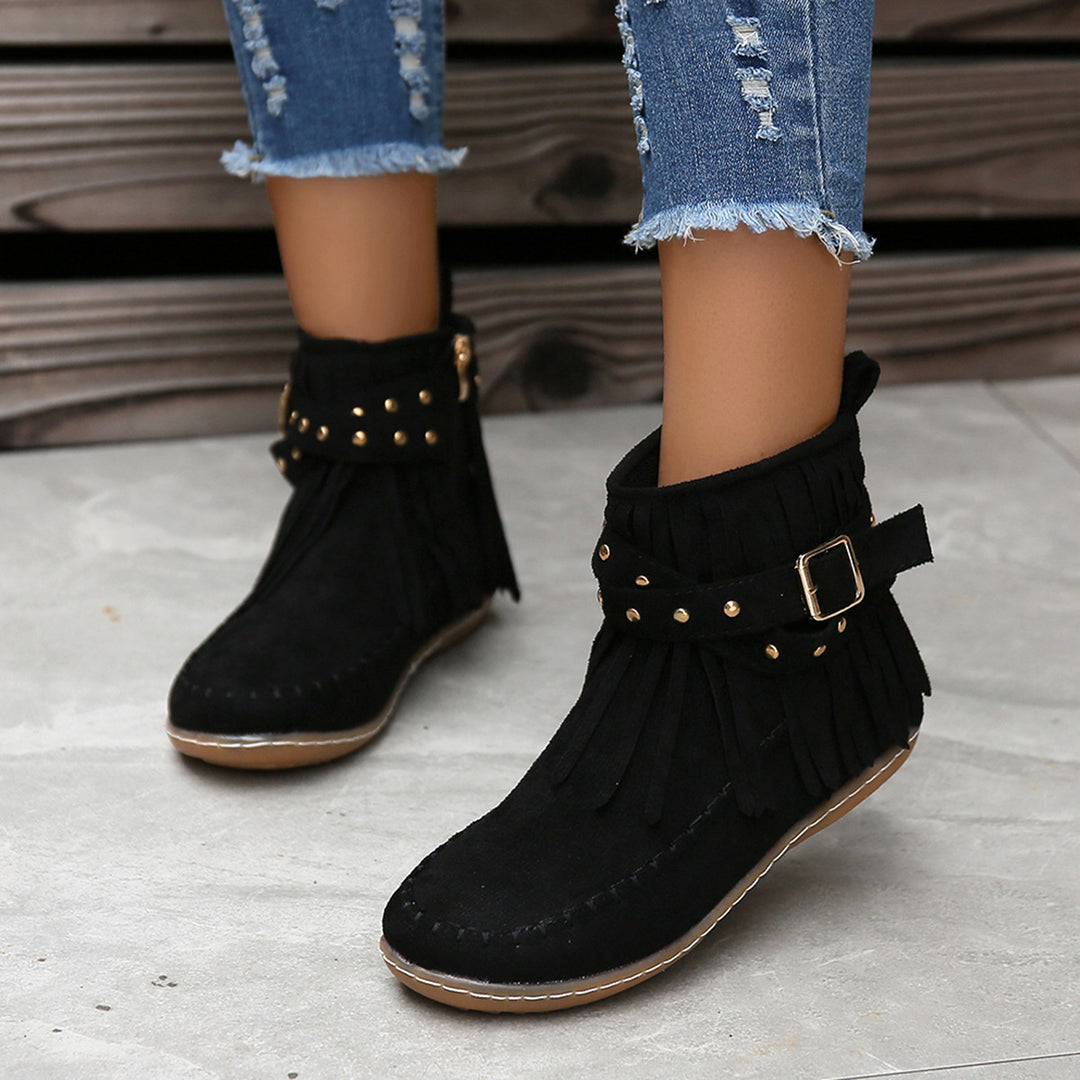 Damen Moccasin-Stiefeletten mit Fransen und dekorativem Schnallen-Design EB