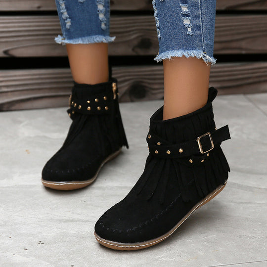Damen Moccasin-Stiefeletten mit Fransen und dekorativem Schnallen-Design EB