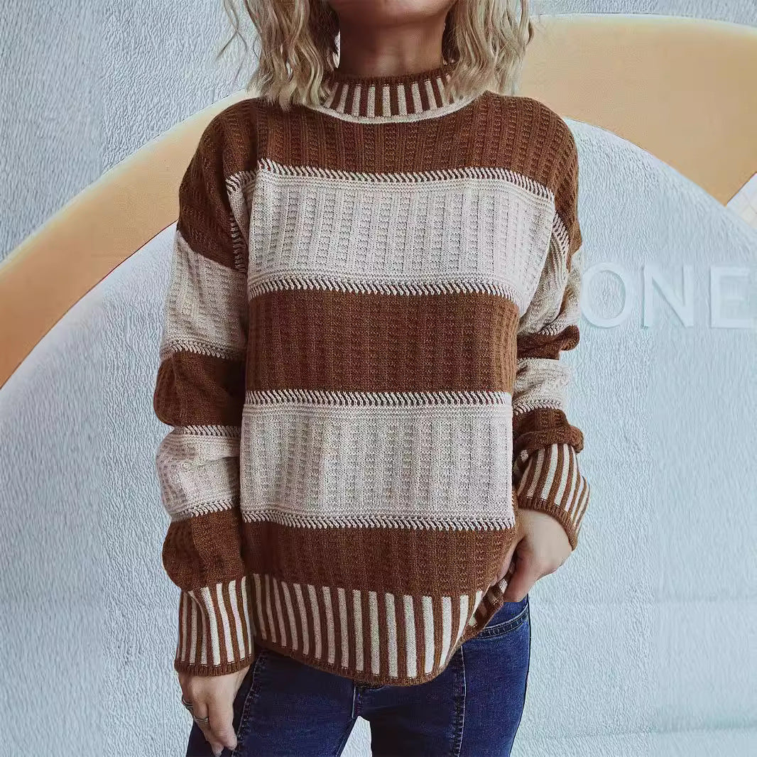 Damen lässiger Strickpullover mit modernem Streifenmuster und warmem Material EB