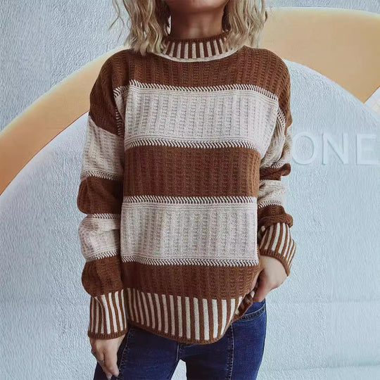Damen lässiger Strickpullover mit modernem Streifenmuster und warmem Material EB