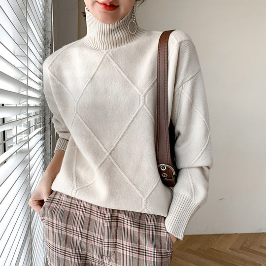 Damen Strickpullover mit hohem Kragen und Rautenmuster EB
