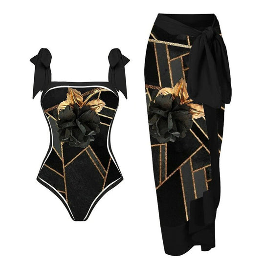 Damen Badeanzug-Set mit elegantem Floral-Design und passender Strandhose EB